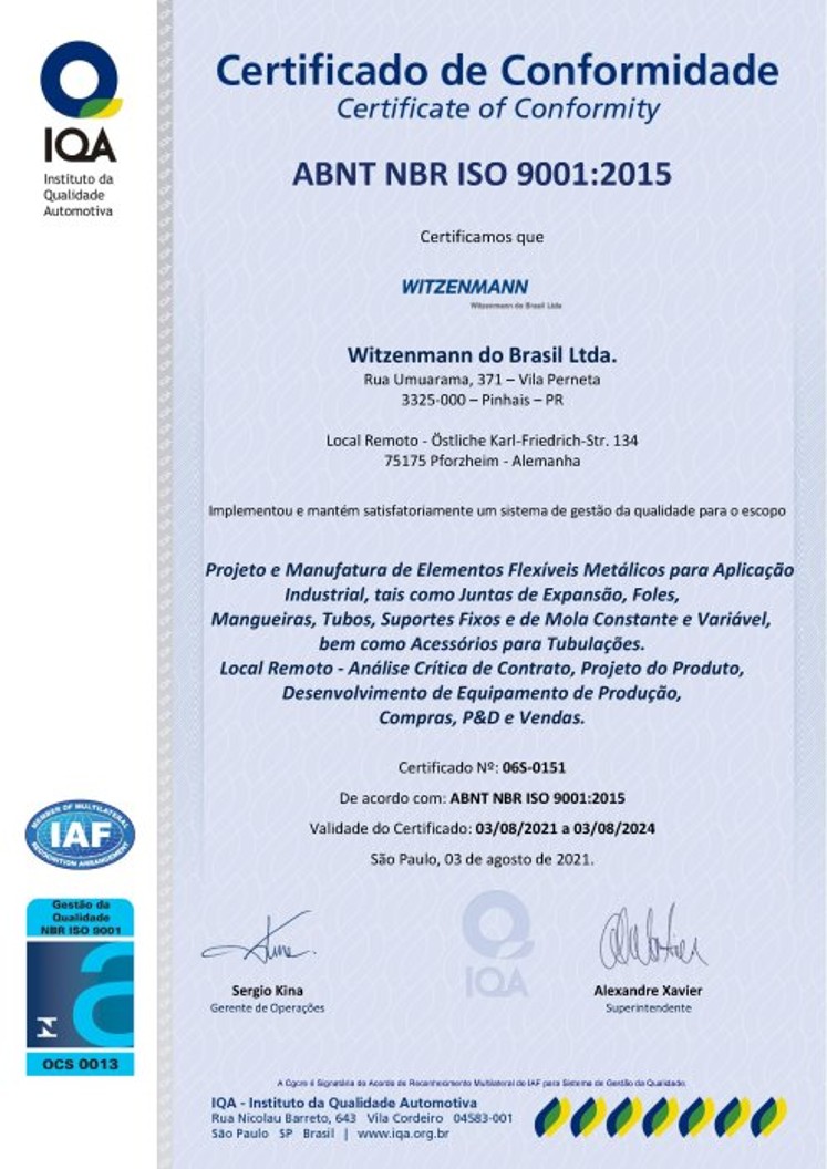 ISO 9001:2015 Certificado Witzenmann do Brasil
